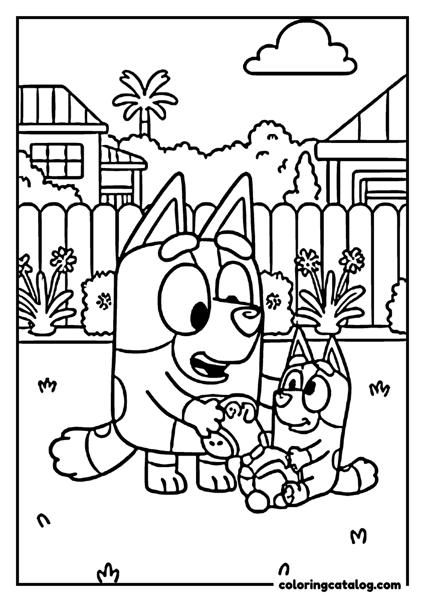 Bluey coloring page: An adult heeler and a puppy playing with a toy in the back garden, the fence and house behind them
