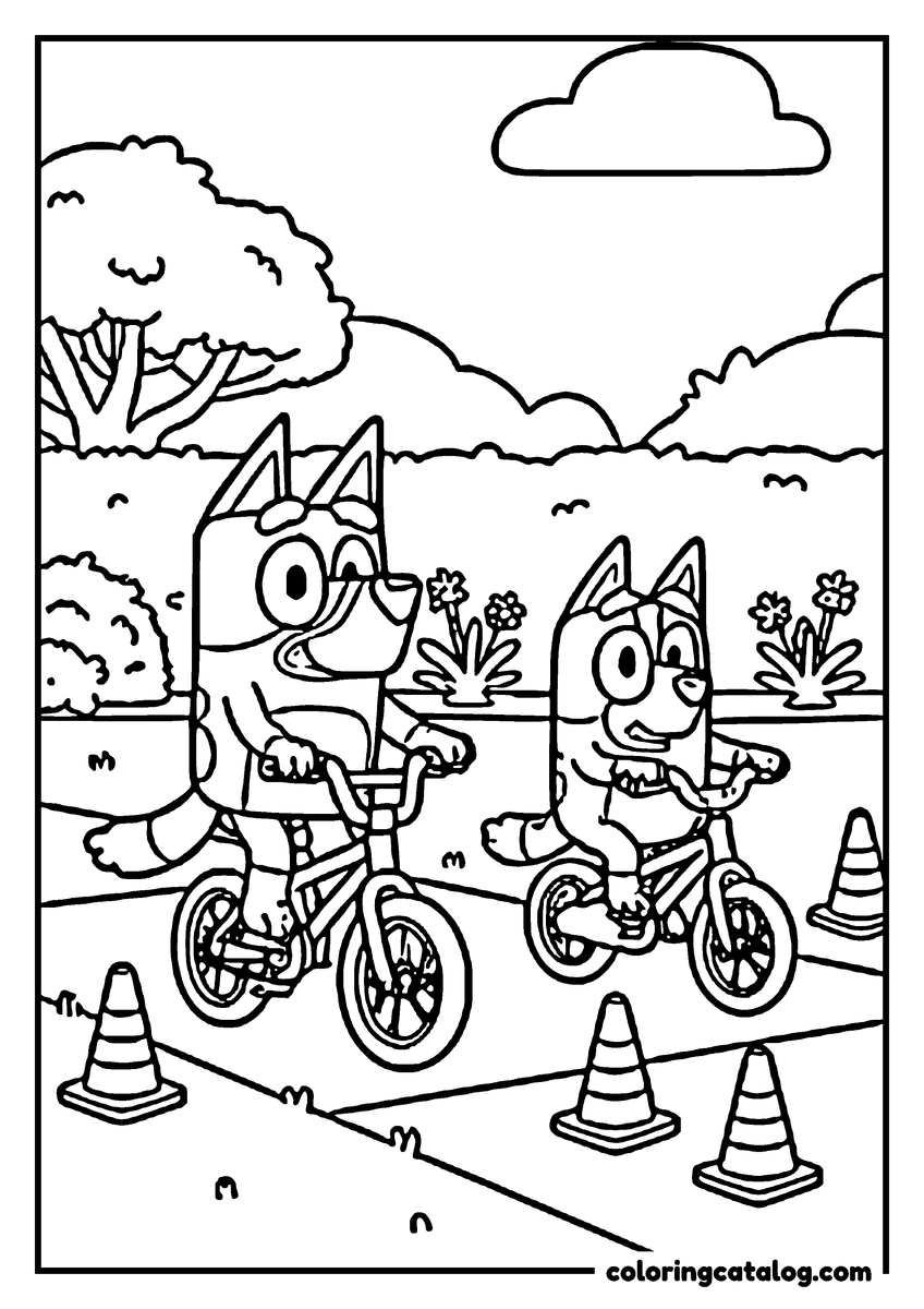 Bluey coloring page: Two heeler puppies riding bicycles along a path lined with traffic cones