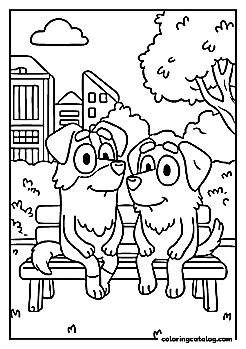 Free Bluey coloring sheet: A shaggy dog and a smooth-coated dog sitting side by side on a park bench, the town behind them