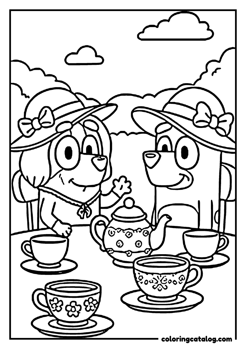 Printable Bluey coloring page: Two dogs in wide sun hats at a tea party, with a patterned teapot and three teacups
