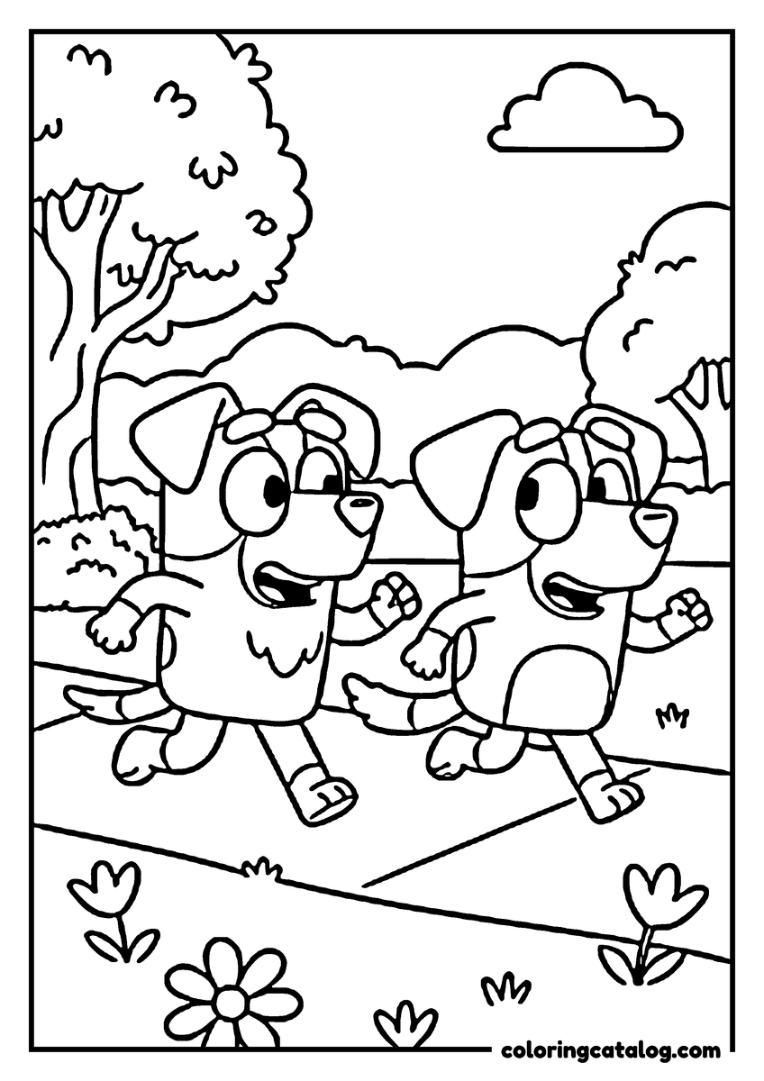 Printable Bluey coloring page: A floppy-eared dog wearing a bow running through the grass beside a heeler puppy
