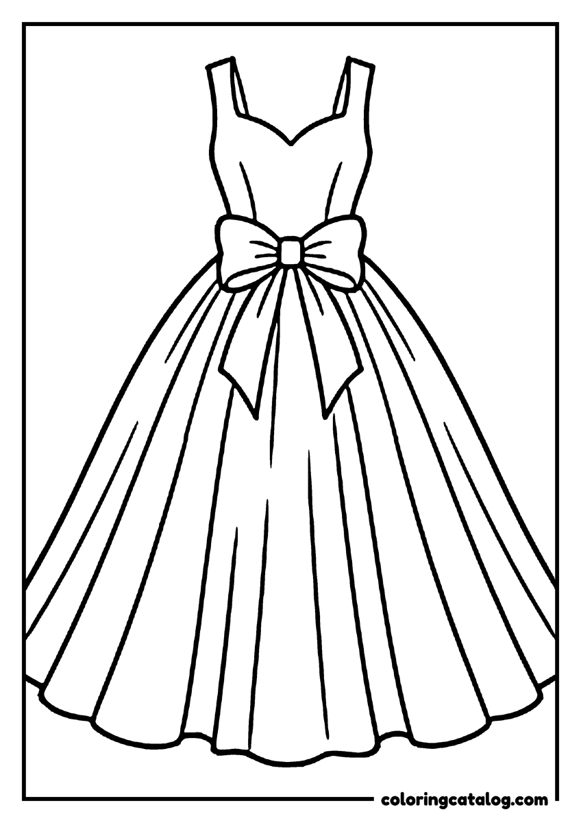 Printable coloring page: A long ball gown with a bow at the waist and wide pleats in the skirt