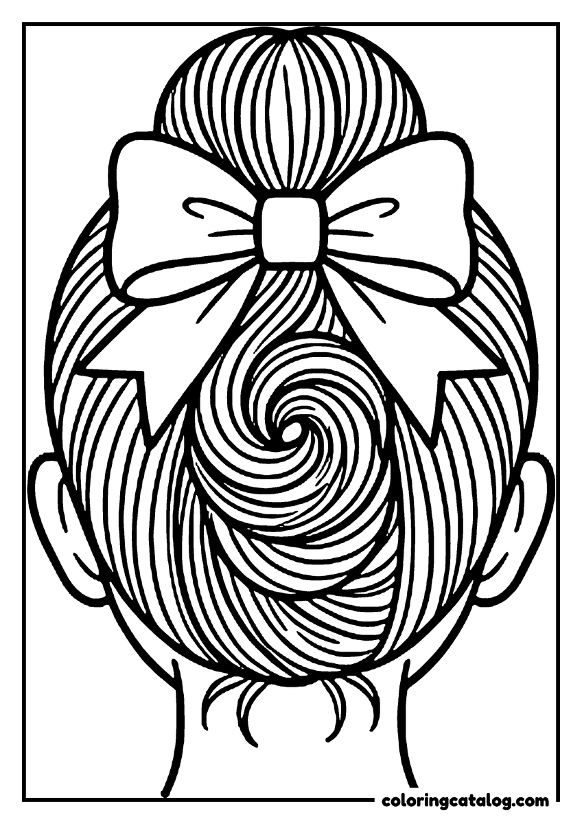 Free printable coloring sheet: The back of a head with hair twisted into a ballerina bun and a bow on top