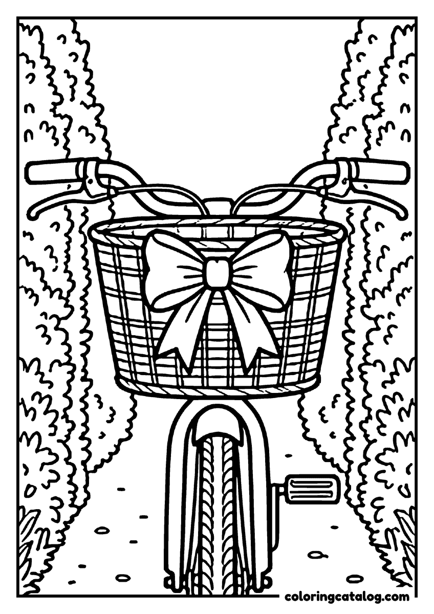 Free printable coloring sheet: A bow tied on the front basket of a bicycle on a path between tall hedges