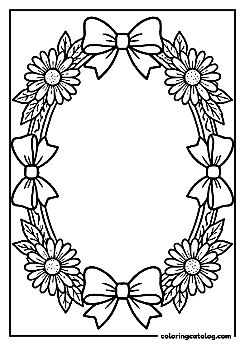 Free printable coloring sheet: An oval border of bows, daisies and leaves around an empty center