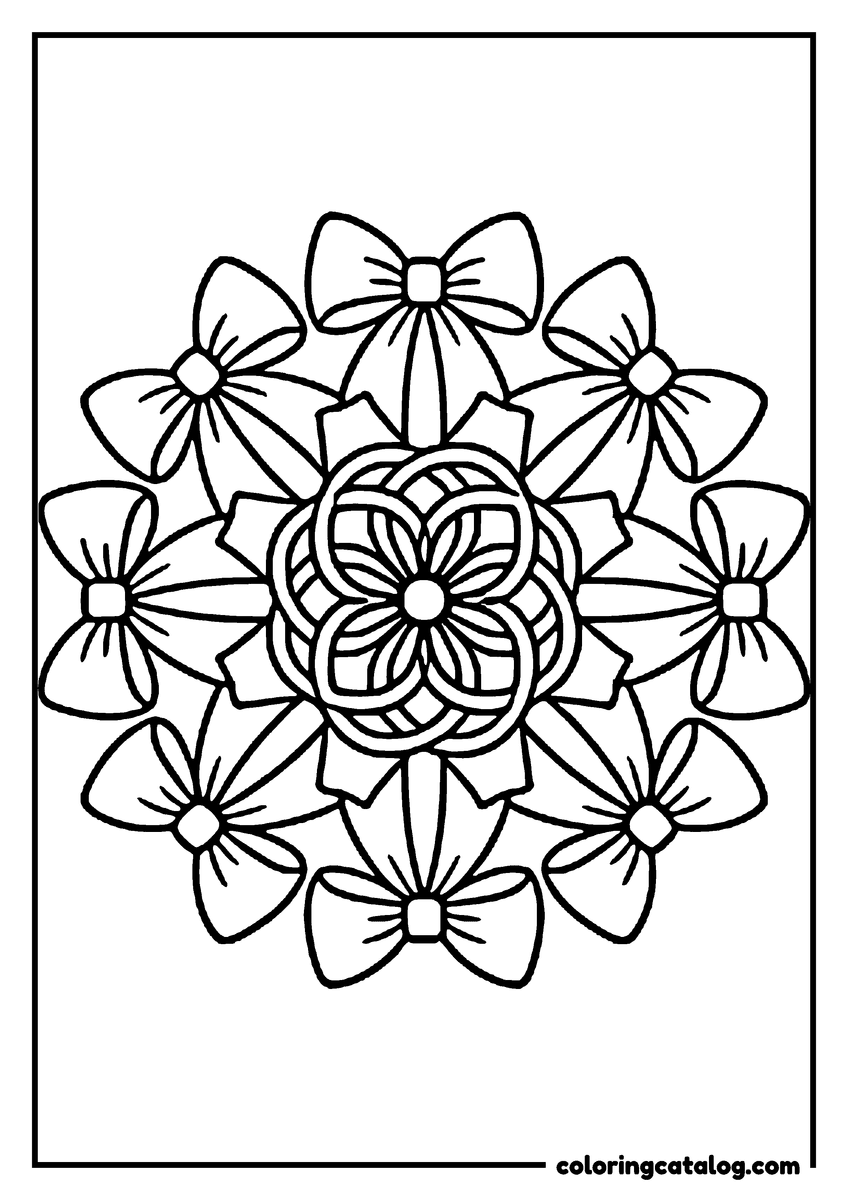 Free printable coloring sheet: A mandala of bows arranged around a central rosette
