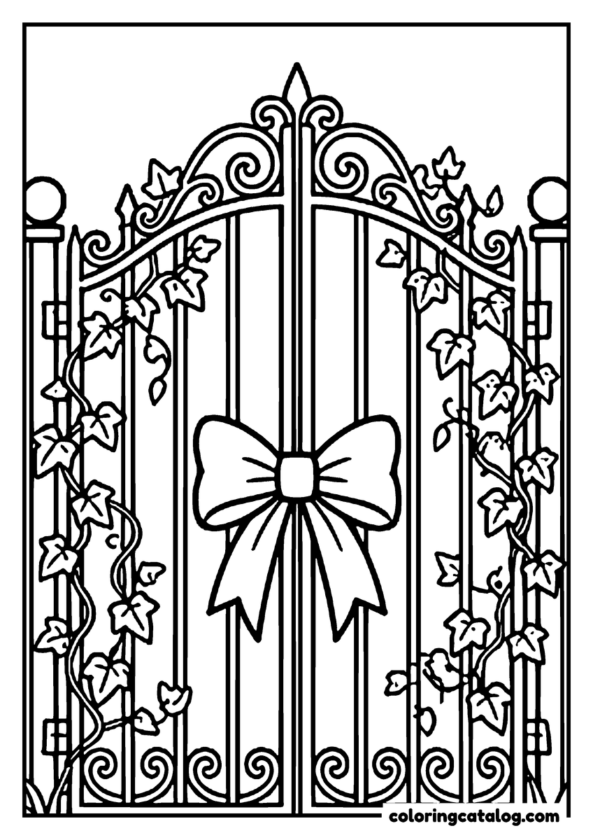 Free printable coloring sheet: A bow tied to an iron garden gate with ivy climbing the bars