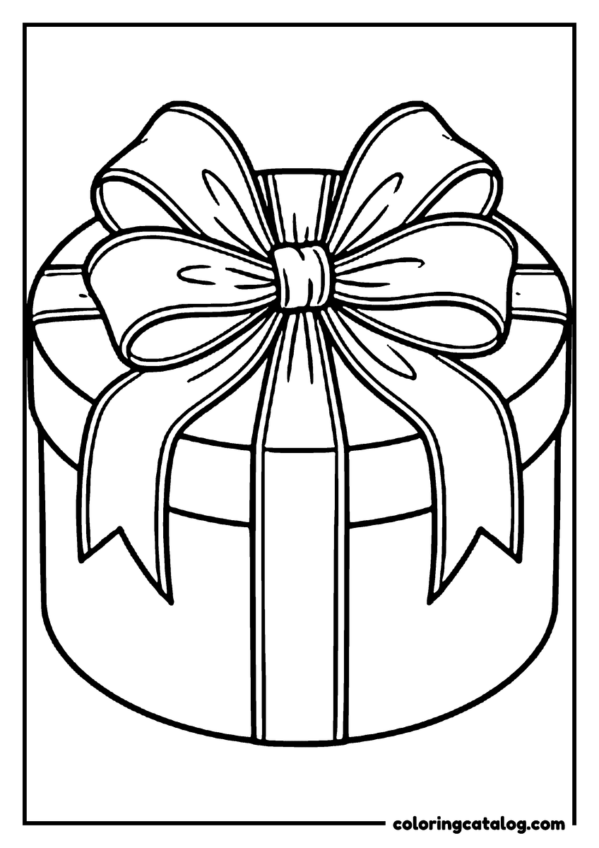 Coloring page: A big satin bow tied on top of a round gift box, every fold of the ribbon drawn