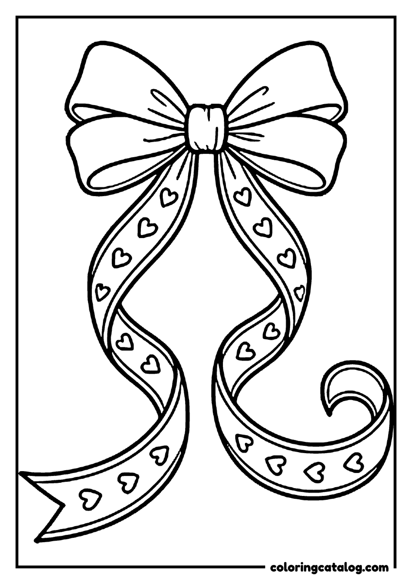 Coloring page: A bow with long curling tails dotted with little hearts