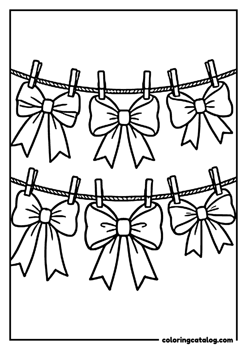 Coloring page: Two rows of bows hanging from strings like laundry, each held by a peg