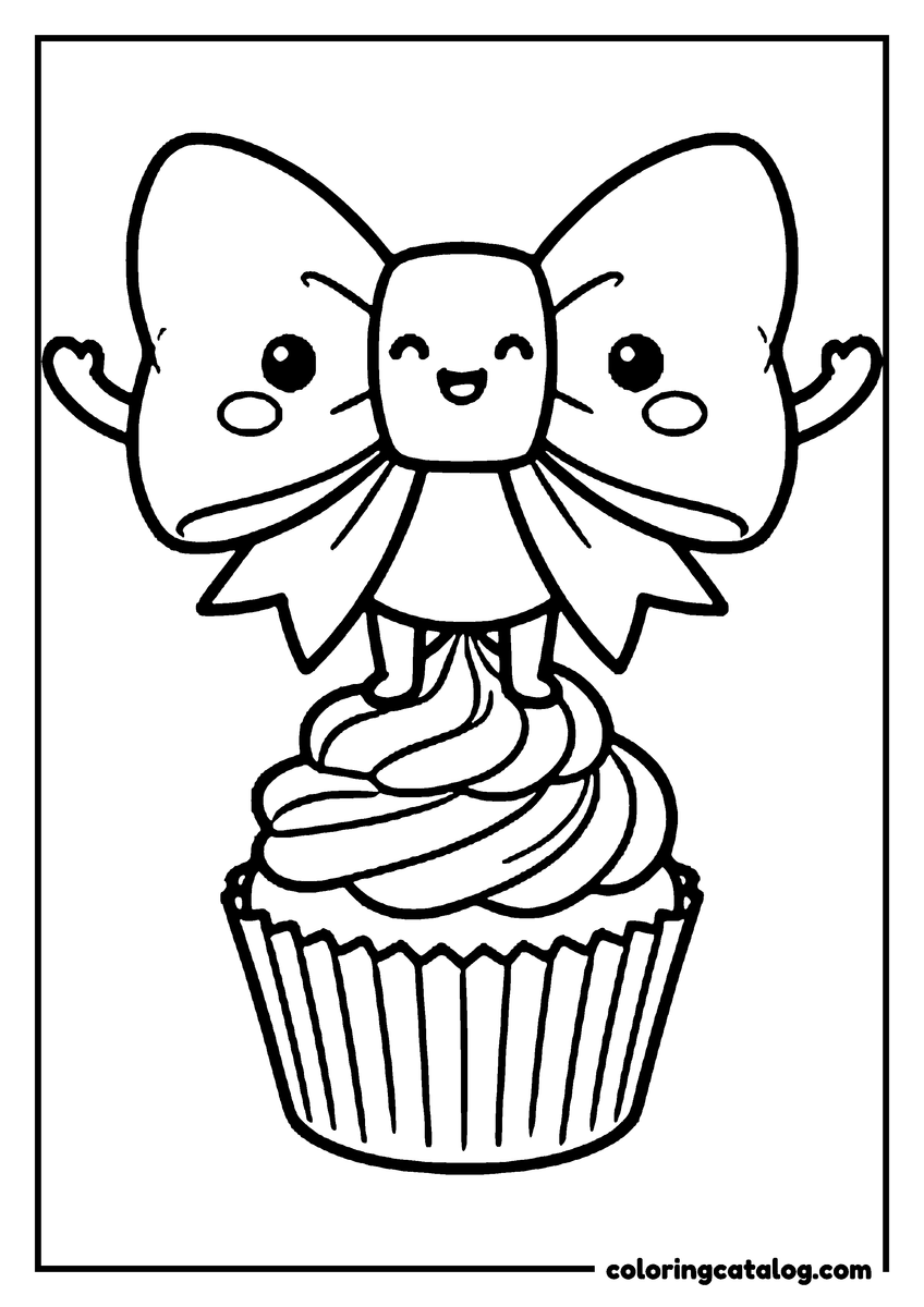 Free printable coloring sheet: A smiling chibi bow with tiny arms standing on top of a cupcake
