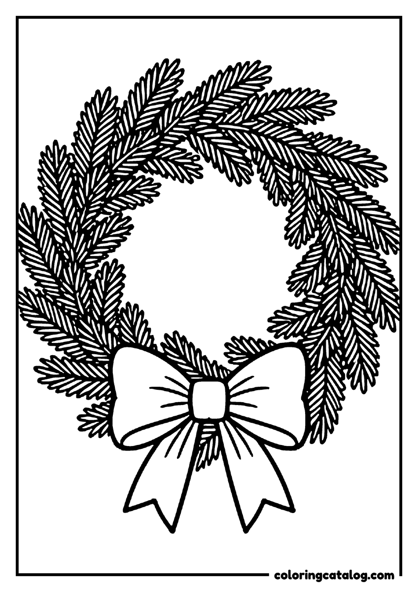 Printable coloring page: A pine wreath closed at the bottom by a wide bow