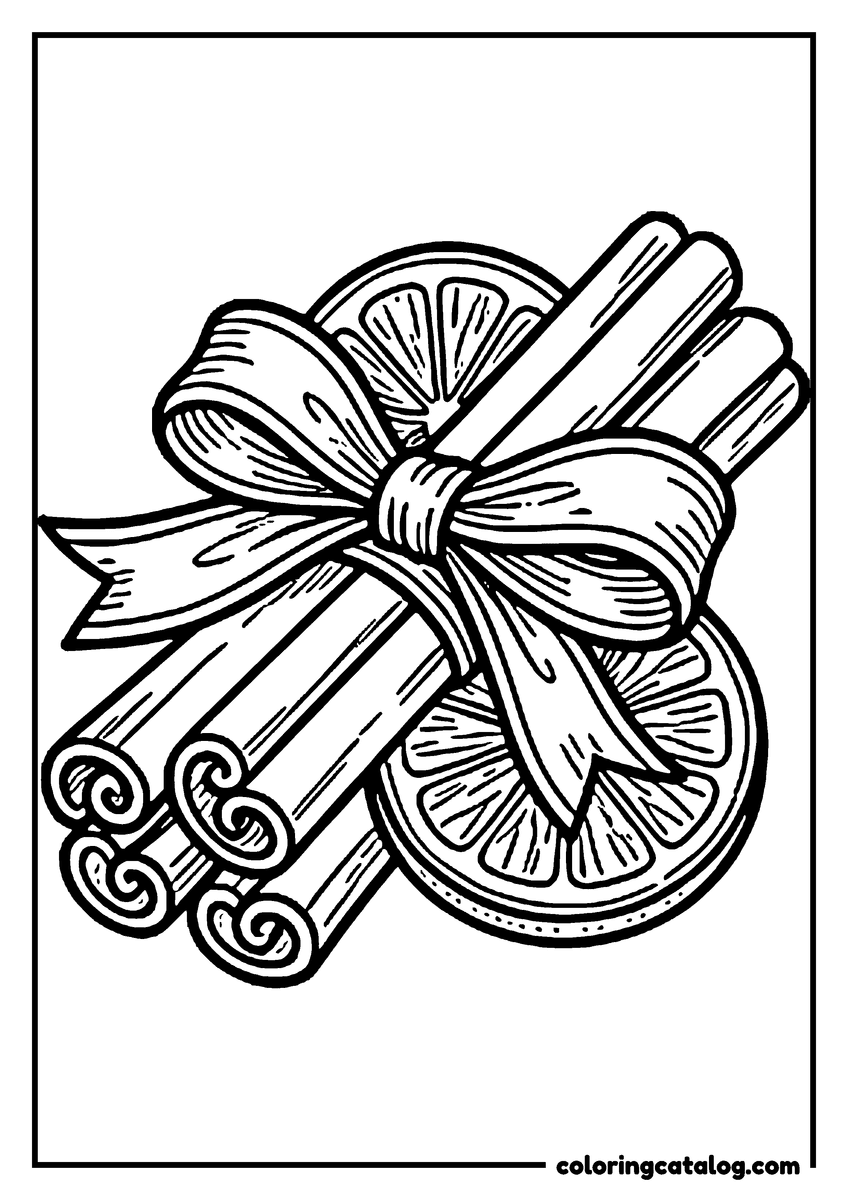 Coloring page: A bundle of cinnamon sticks and a dried orange slice tied with a bow