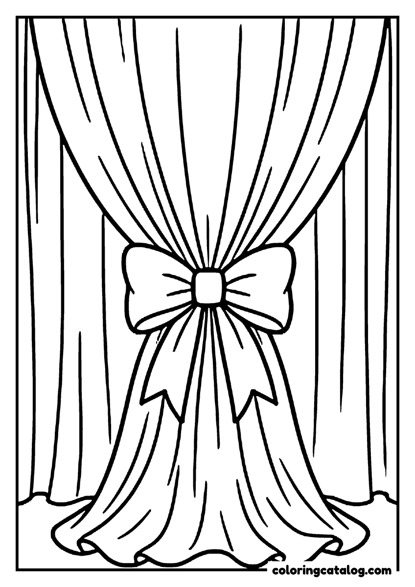 Free printable coloring sheet: A long curtain gathered and held back by a bow, its folds falling to the floor