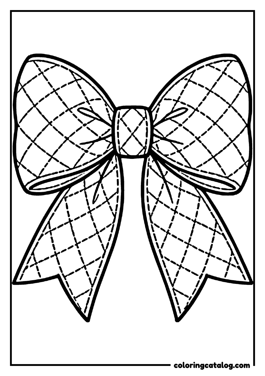 Free printable coloring sheet: A giant bow filling the page, stitched all over with quilted diamonds