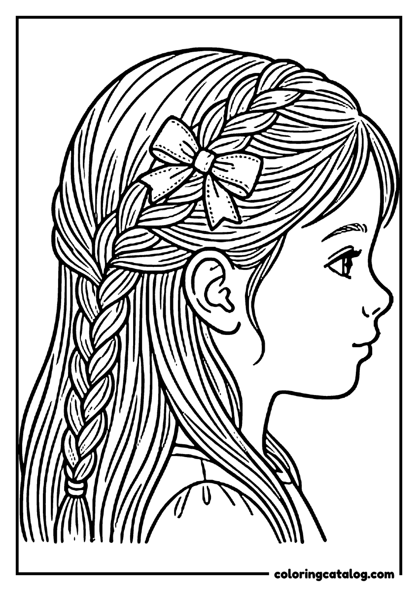Printable coloring page: A girl in profile with long hair and a bow clipped at the top of her braid