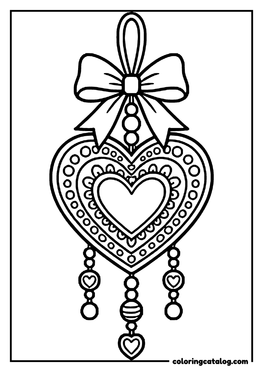 Printable coloring page: A hanging heart ornament with a bow at the top and strings of beads below