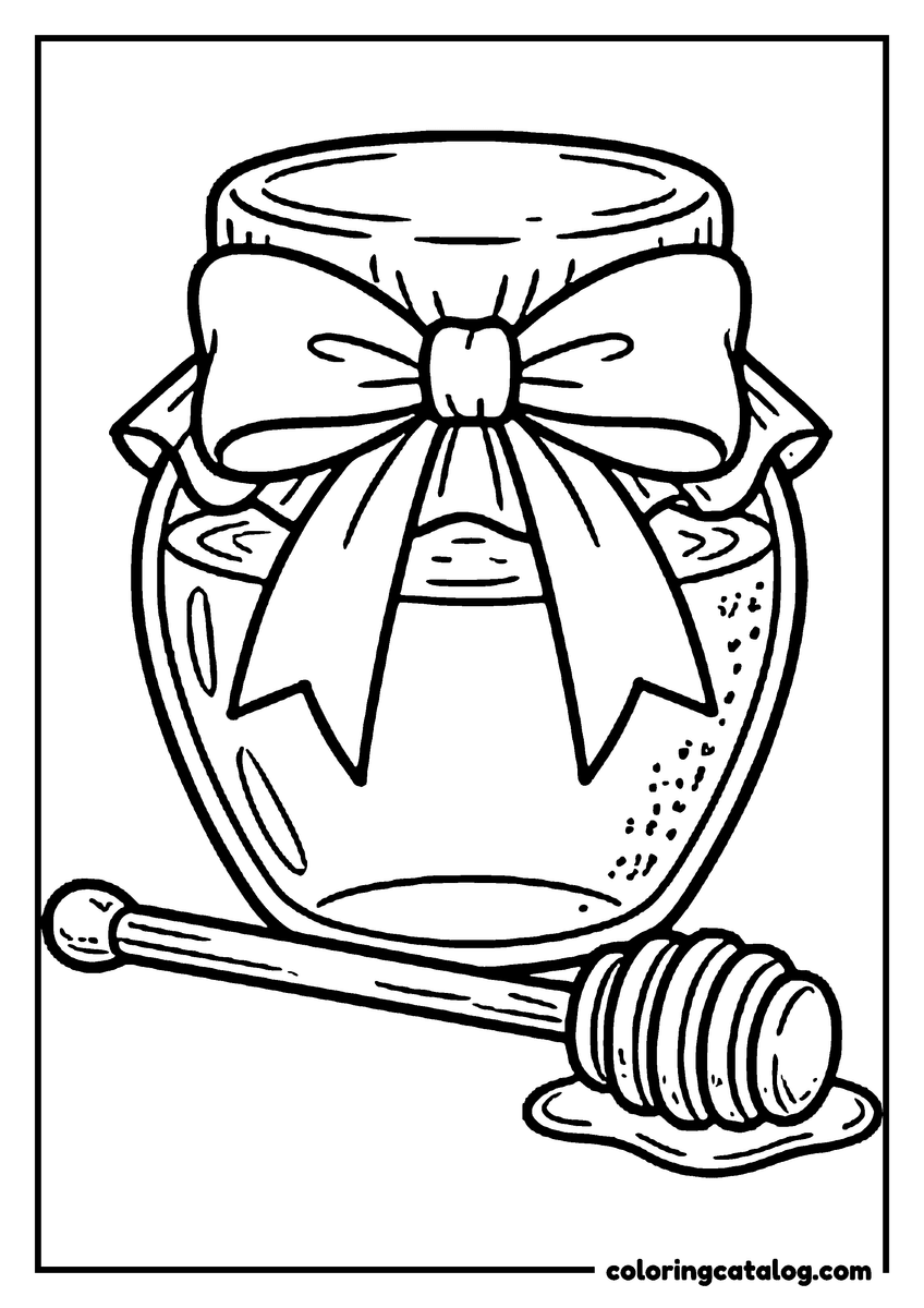 Free printable coloring sheet: A jar of honey with a bow tied around the lid and a honey dipper beside it