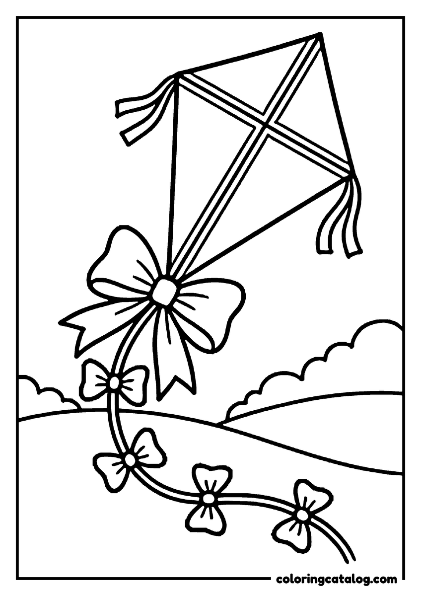 Printable coloring page: A kite over the hills with a big bow and small bows along its tail