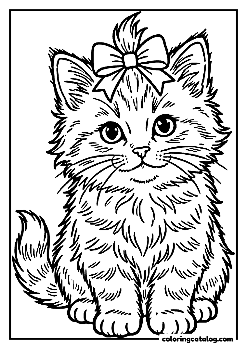 Free printable coloring sheet: A fluffy kitten sitting up with a bow tied on top of its head