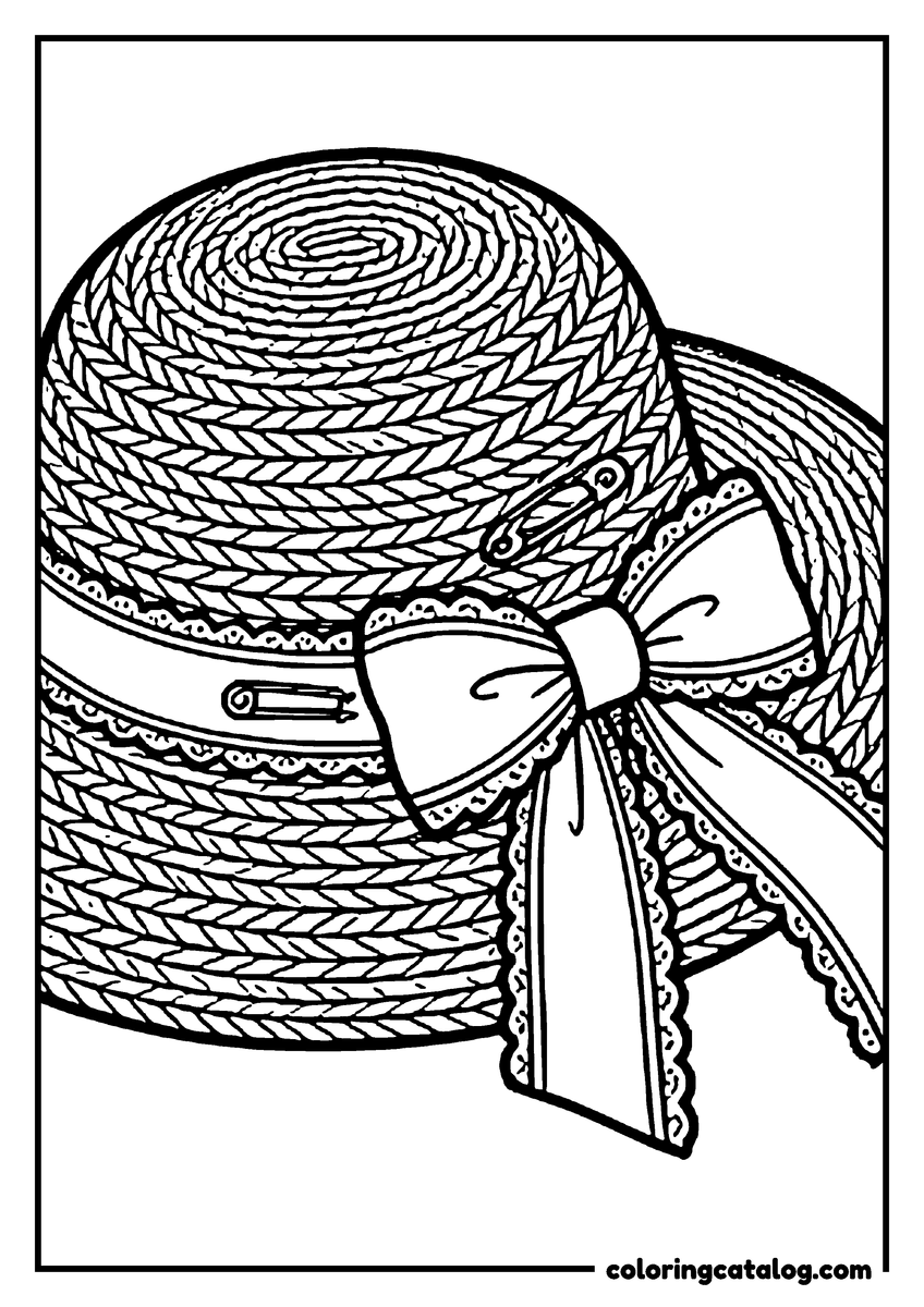 Coloring page: A lace-edged bow pinned to the band of a woven straw hat