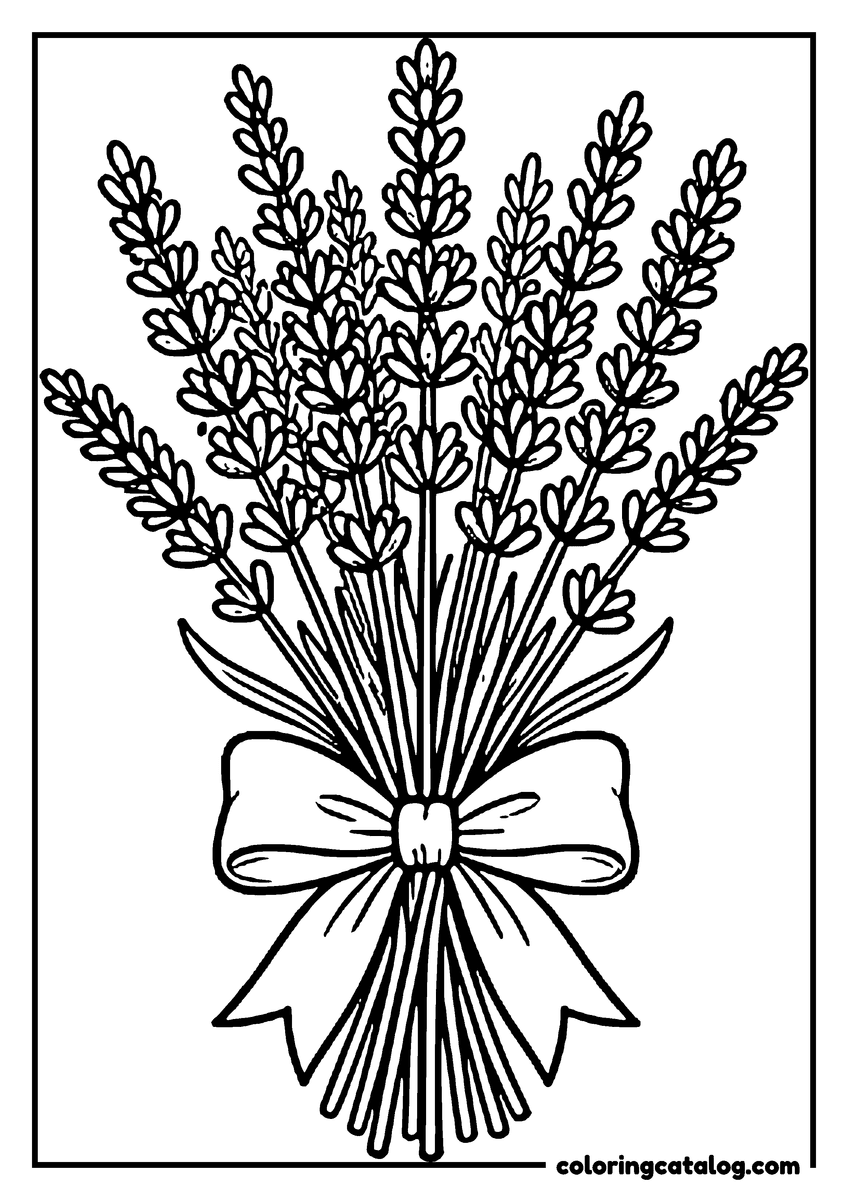 Free printable coloring sheet: A bunch of lavender stems held together by a bow