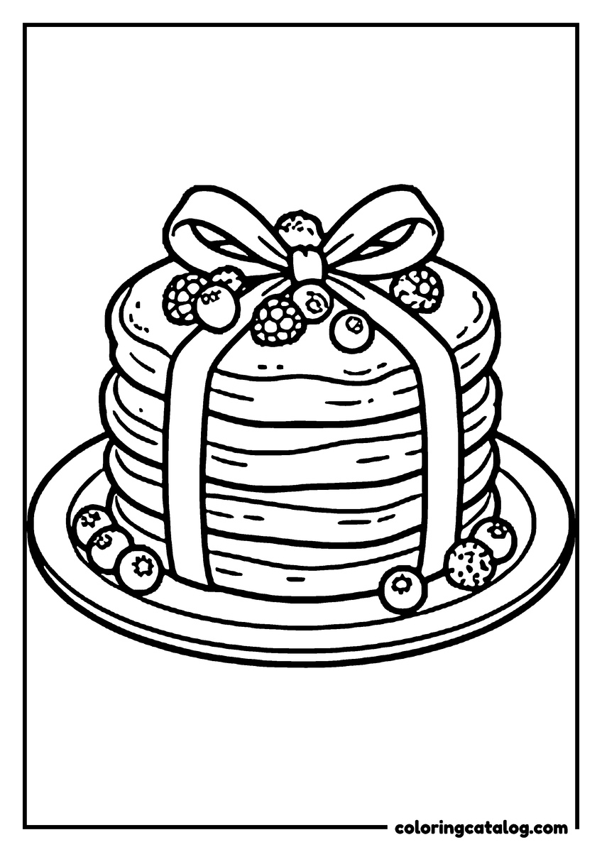Free printable coloring sheet: A stack of pancakes on a plate tied with a ribbon bow, berries on top