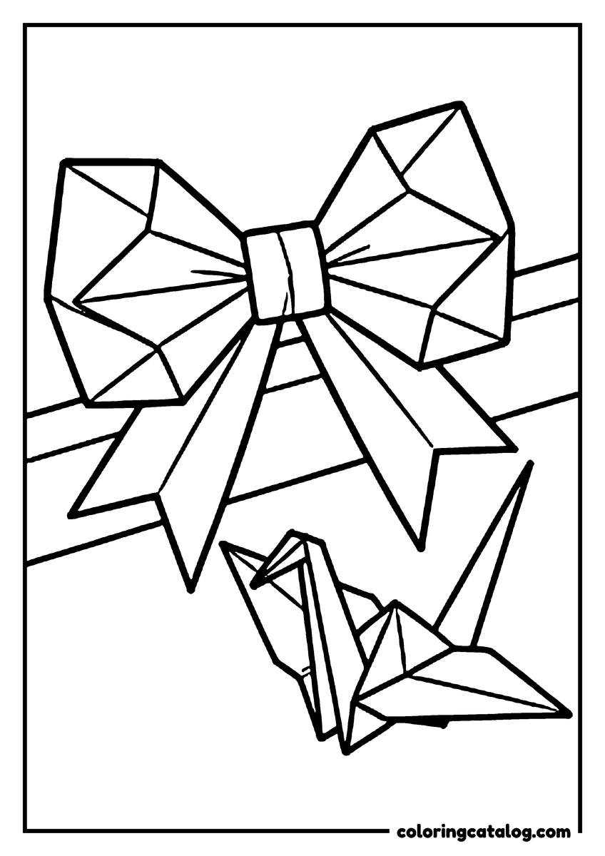 Coloring page: A folded paper bow with sharp creases beside an origami crane