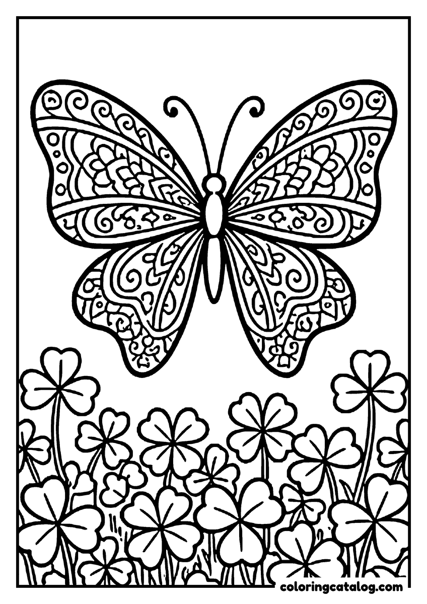 Printable Bow coloring page: A butterfly with lacy patterned wings above a patch of clover
