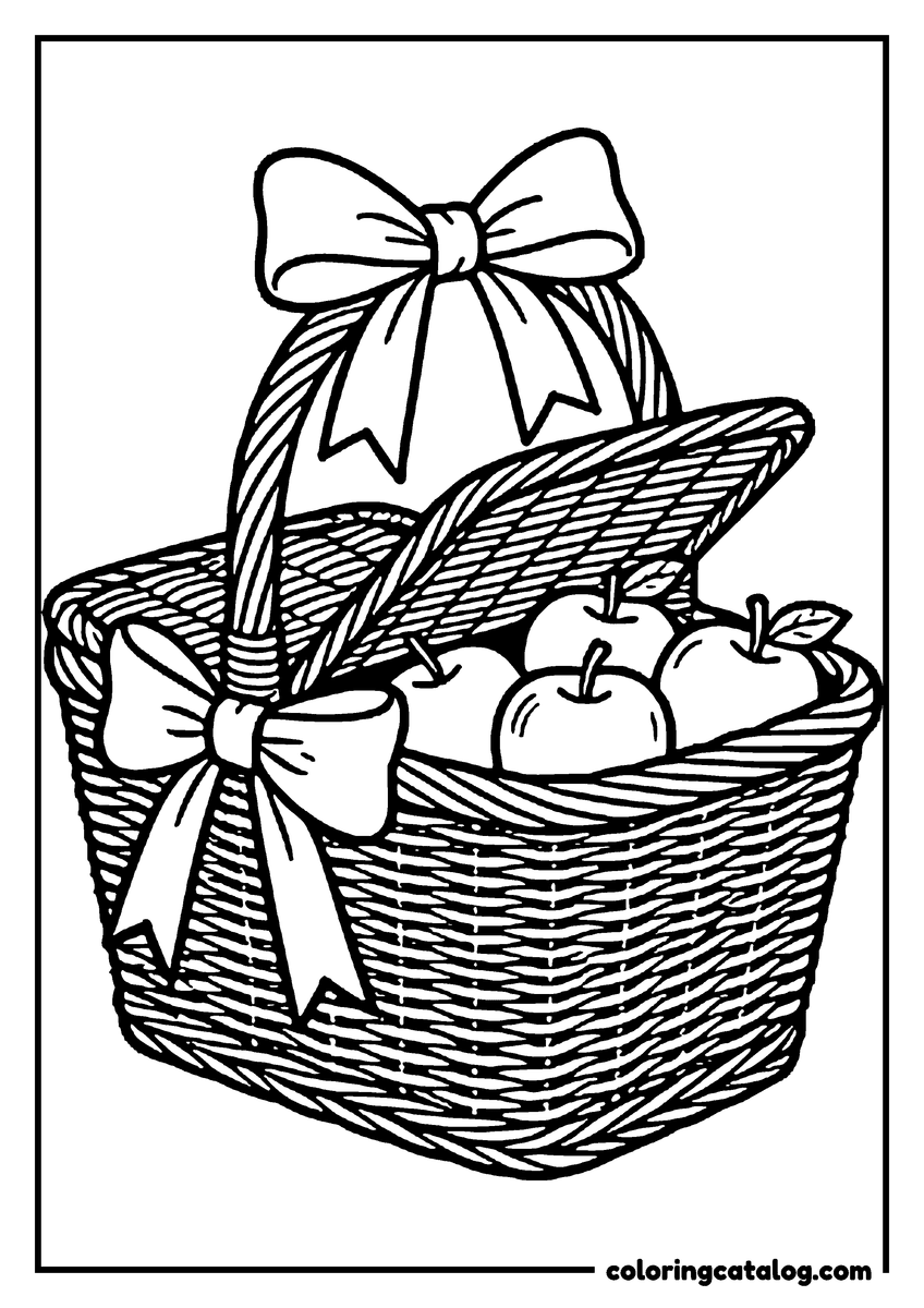 Coloring page: A wicker picnic basket full of apples with bows tied on its handle and side