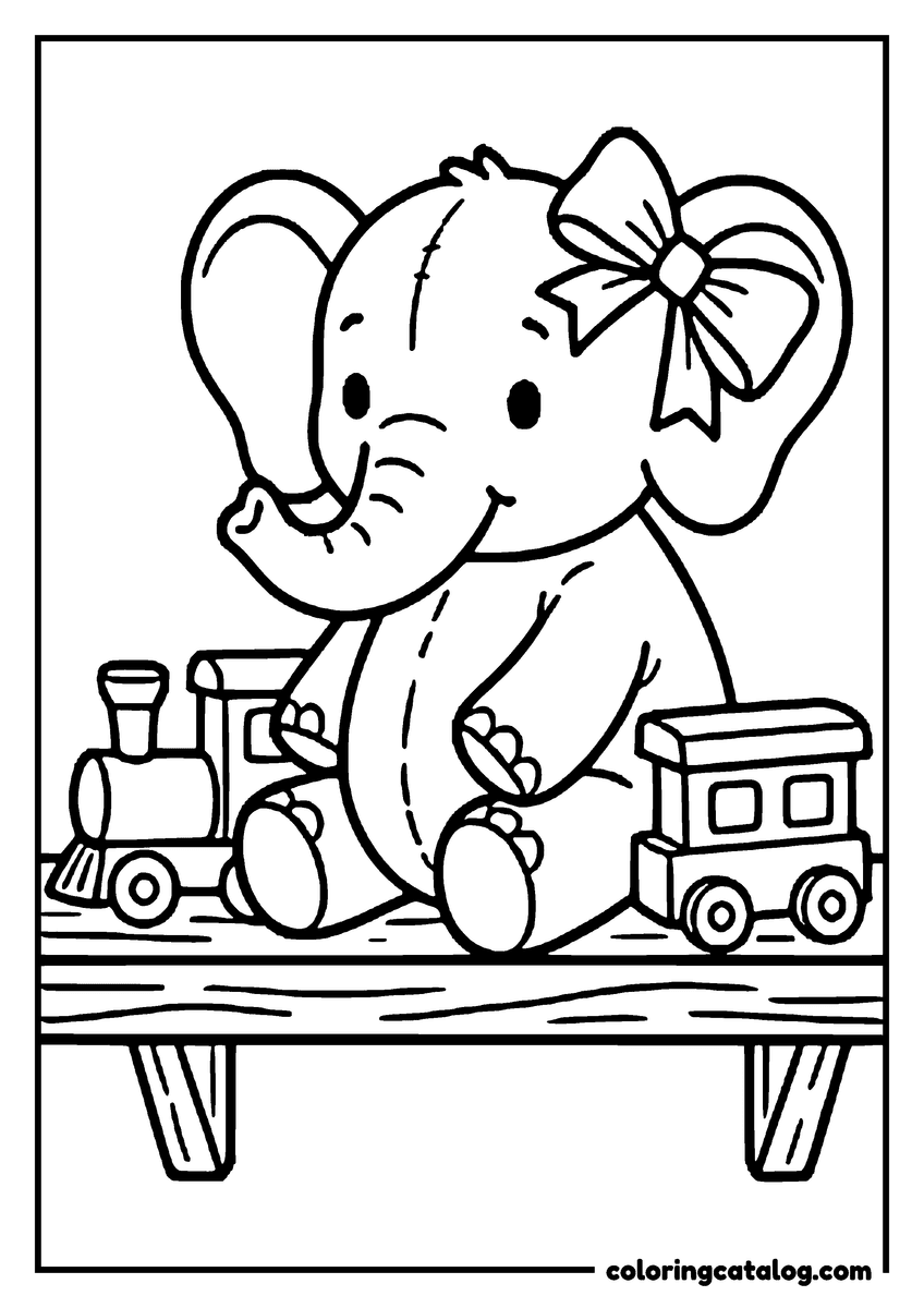 Coloring page: A plush elephant with a bow on its ear sitting on a shelf beside a wooden toy train