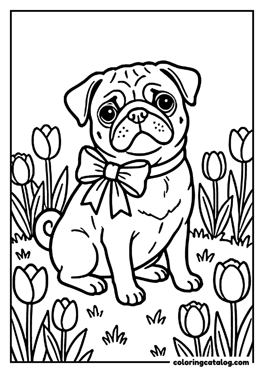 Printable coloring page: A pug with a bow on its collar sitting in a garden of tulips