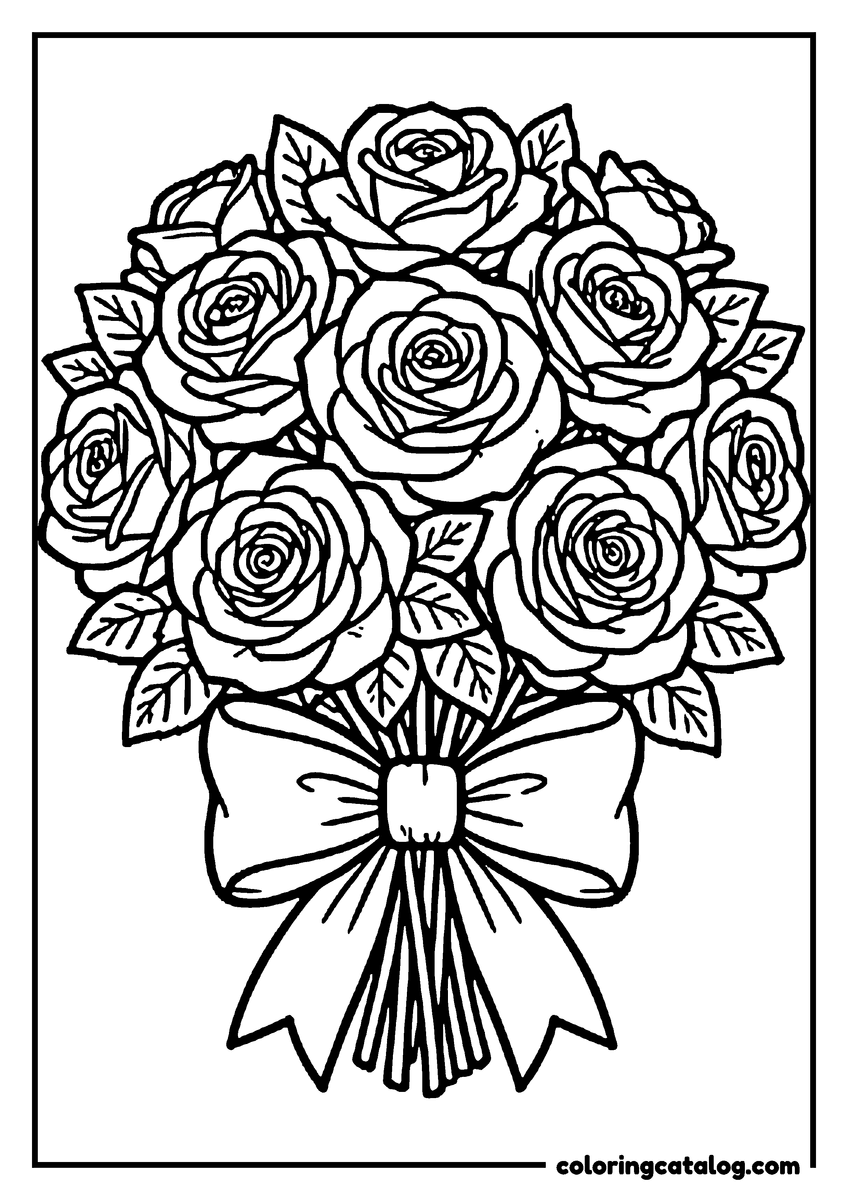 Printable coloring page: A bouquet of roses tied with a big bow