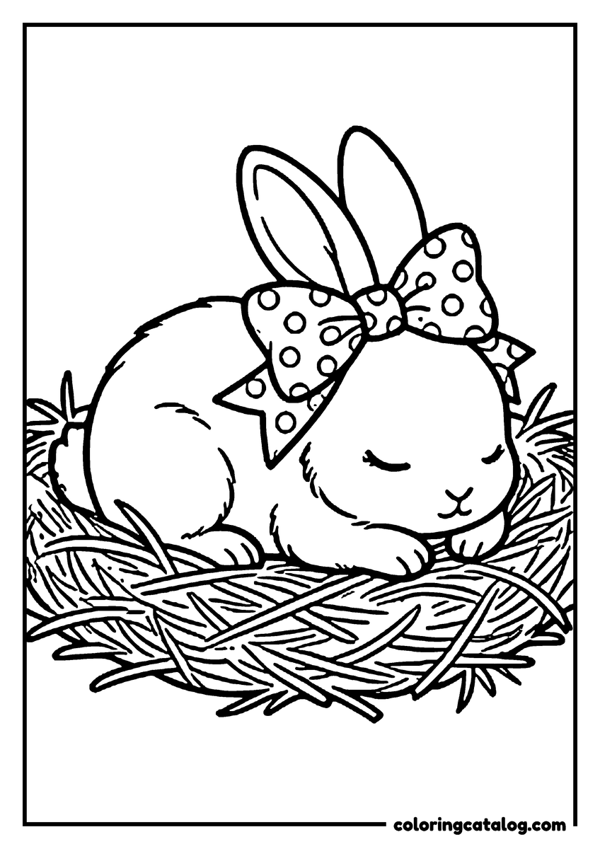 Printable coloring page: A bunny asleep in a nest of hay with a polka dot bow on its head