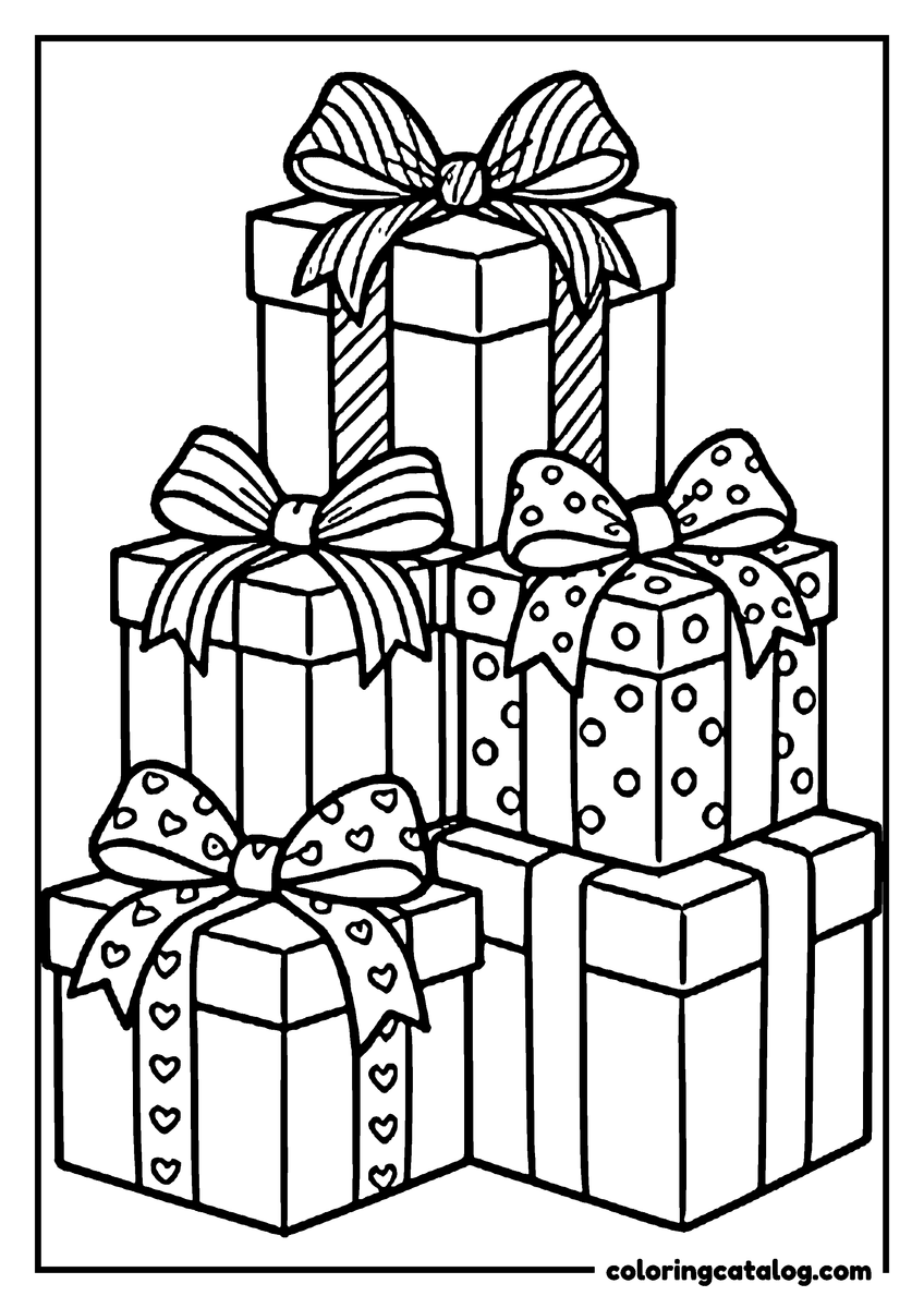 Printable coloring page: A tall stack of gift boxes, each tied with a bow in a different pattern