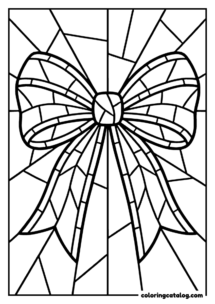 Free printable coloring sheet: A big bow drawn like a stained glass window, the ribbon divided into small panes