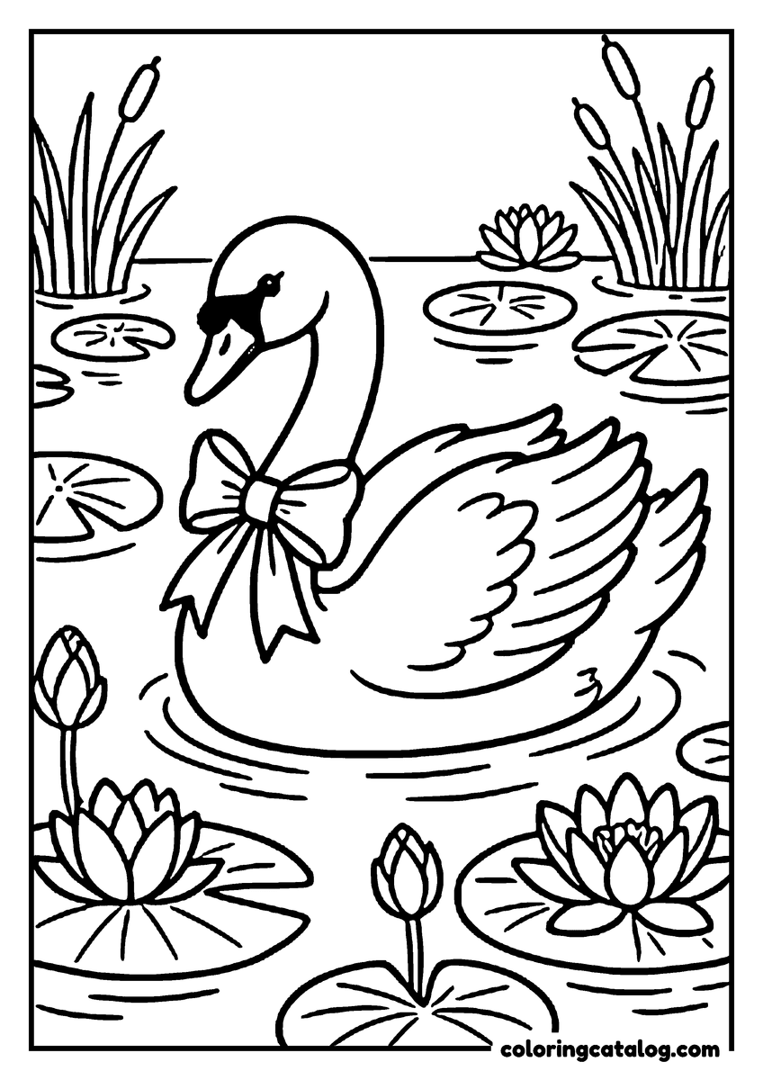 Coloring page: A swan with a bow at its neck gliding between lily pads and water lilies