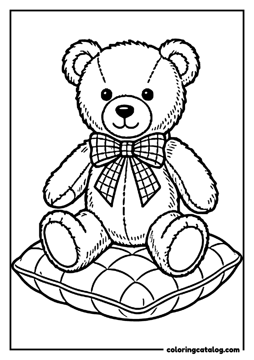 Free printable coloring sheet: A teddy bear sitting on a cushion with a checked bow around its neck