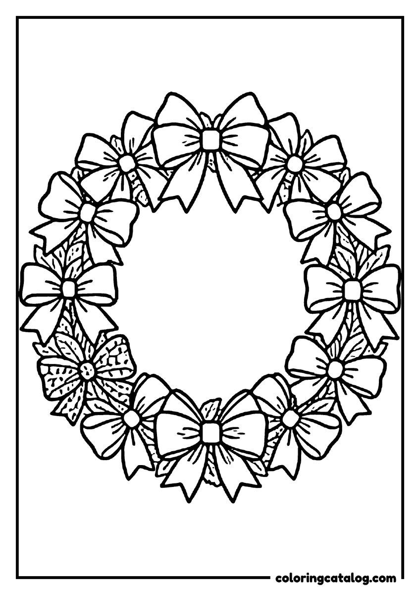 Free printable coloring sheet: A round wreath made of small bows, each one a little different