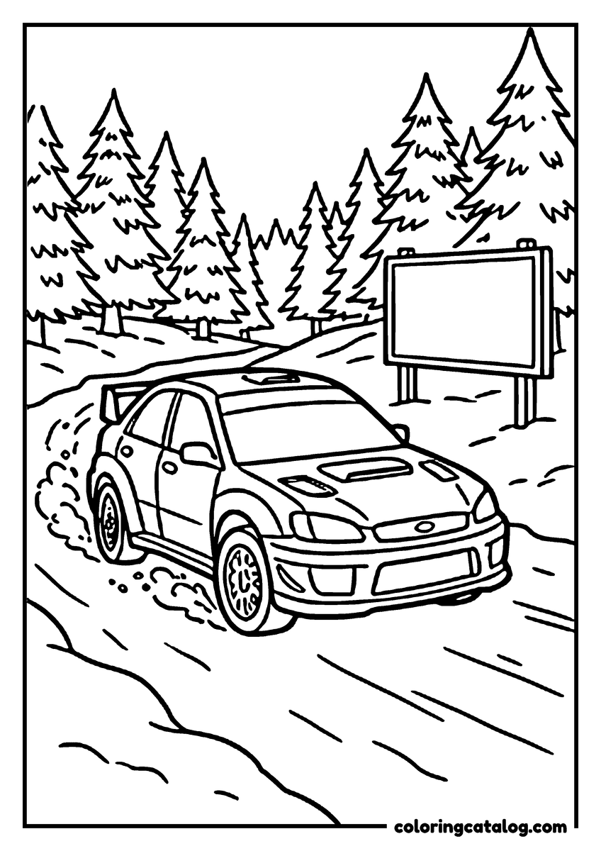 Coloring page: A rally car sliding along a snowy forest stage, snow flying from the wheels and a blank board by the road