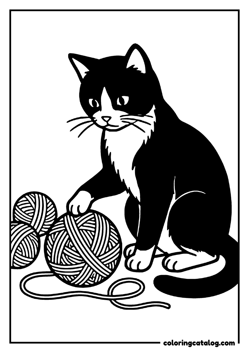 Coloring page: A black and white cat sits beside two balls of yarn, its paw resting on one ball