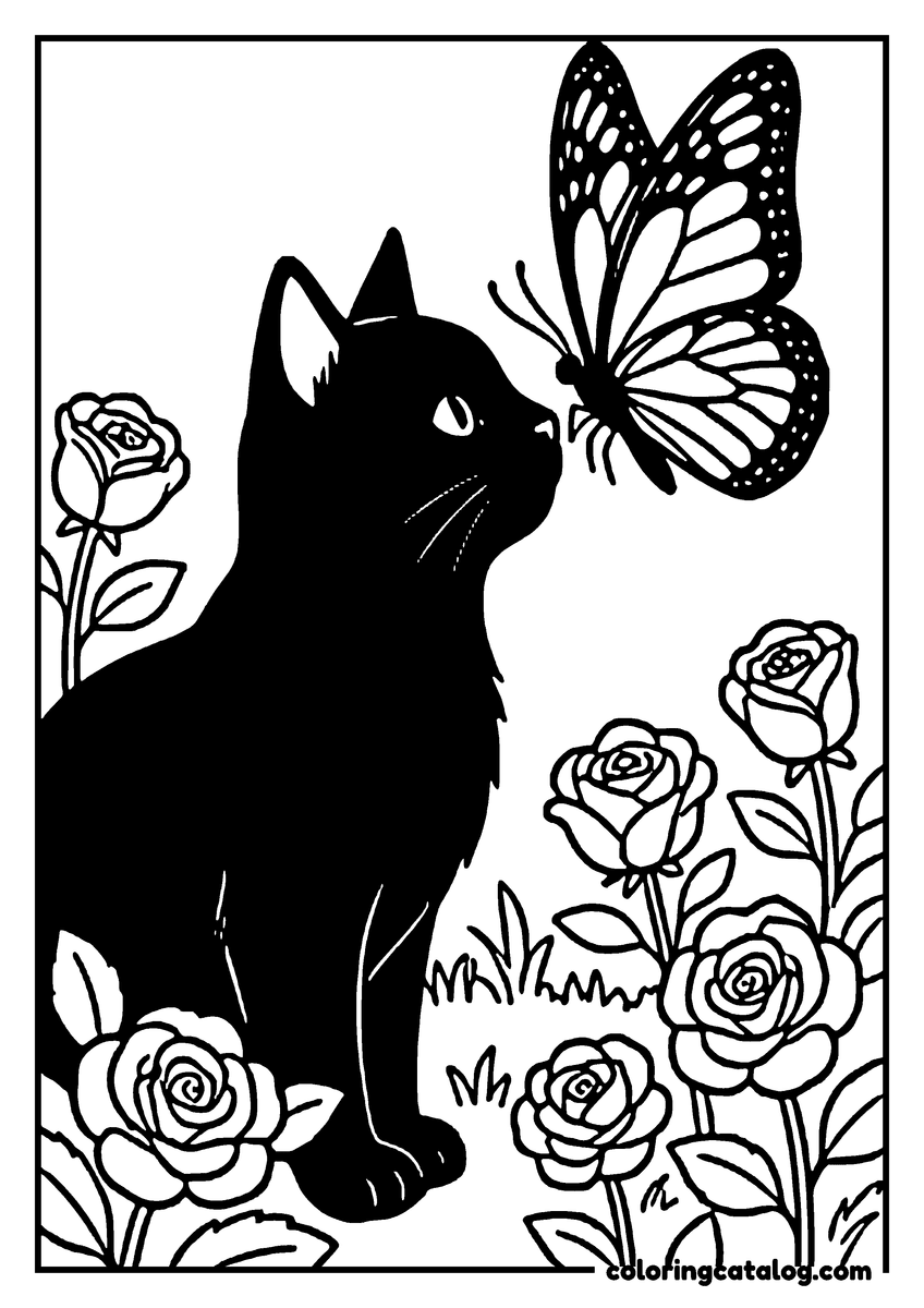 Coloring page: A black cat is sitting in a garden with roses and a butterfly