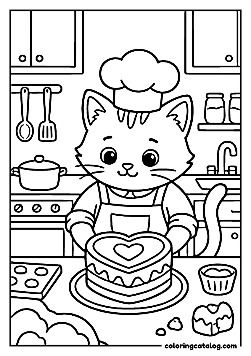 Printable coloring page: A cat chef wearing an apron and a chef's hat is baking a heart-shaped cake in a kitchen