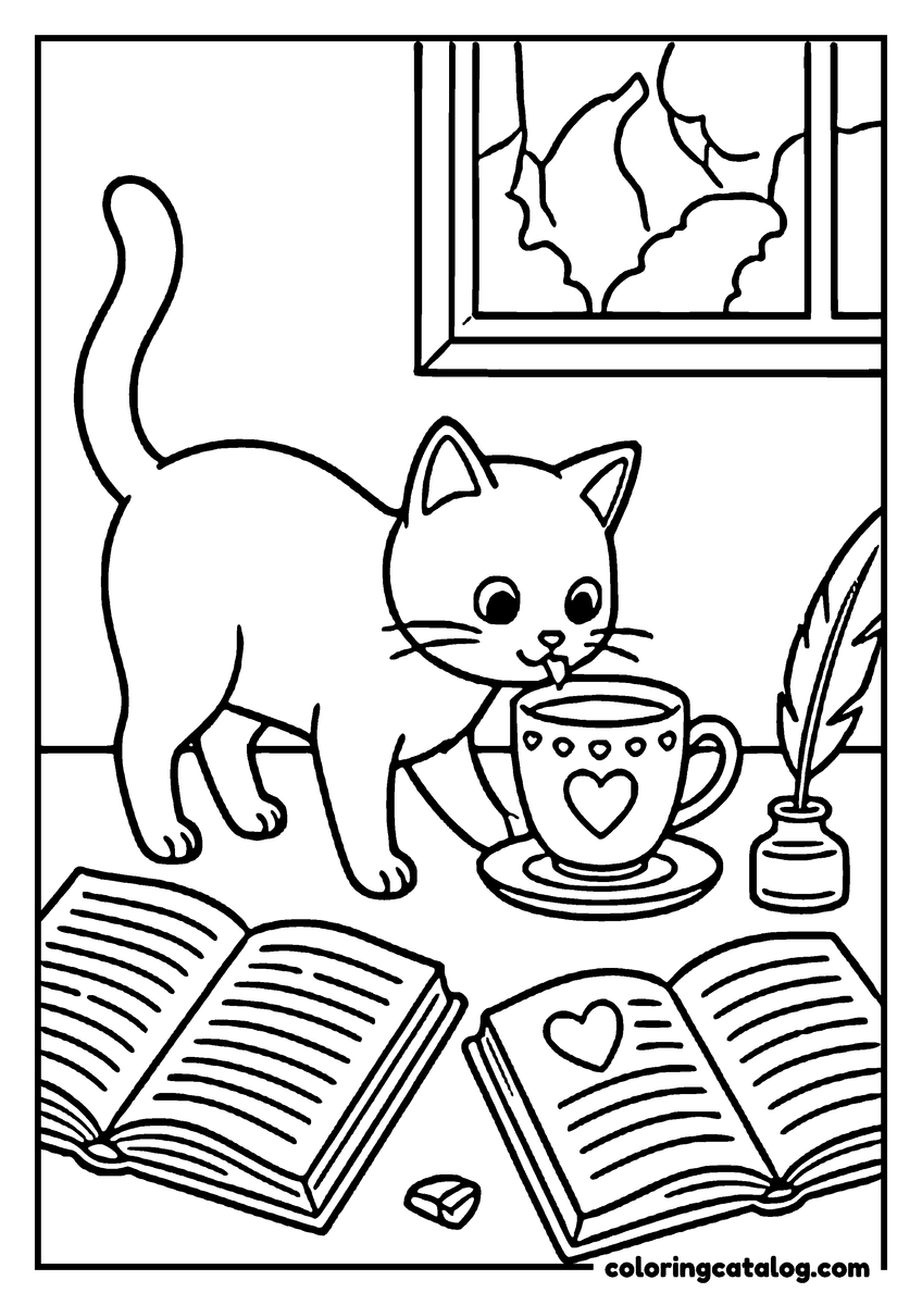 Printable coloring page: A cat drinks from a teacup, surrounded by books and a feather quill