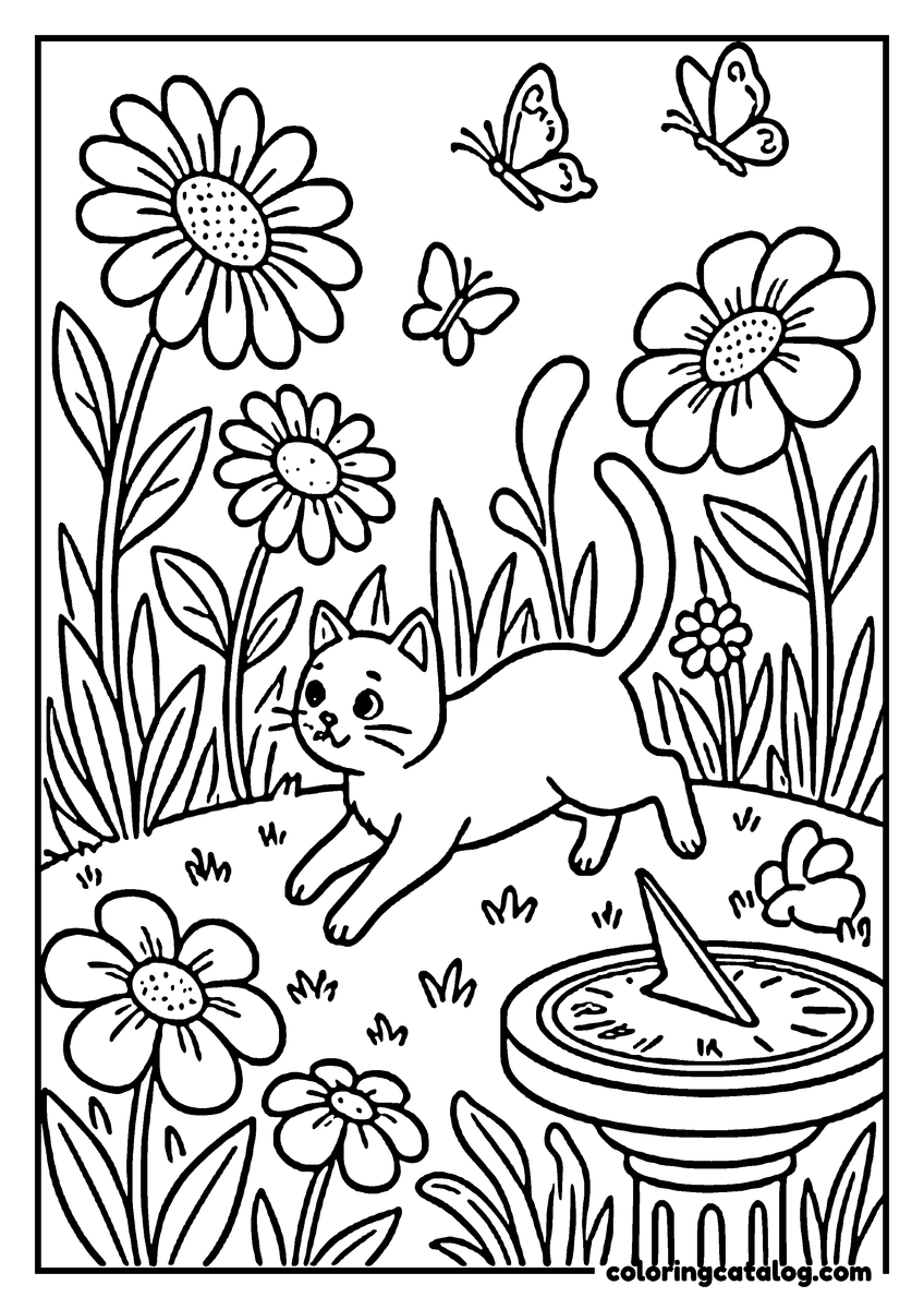 Printable coloring page: A cat is chasing butterflies in a garden with flowers and a sundial