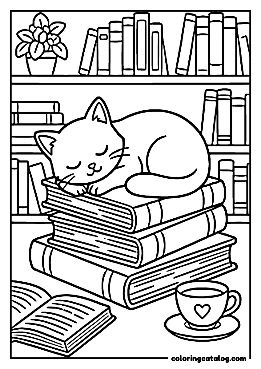 Printable coloring page: A cat is sleeping on a stack of books in a cozy room with a flower, books, and a cup of tea