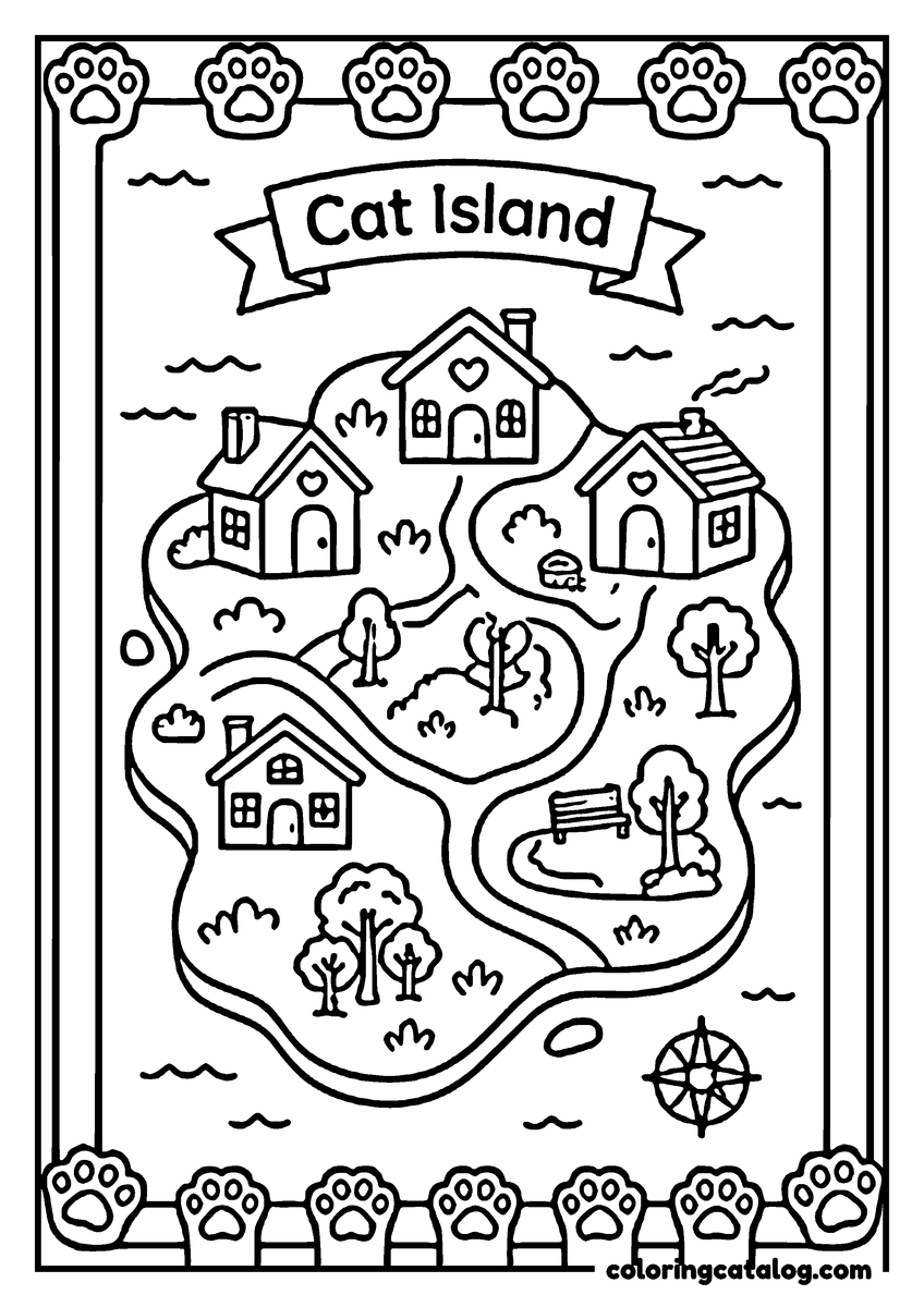 Free printable coloring sheet: A whimsical Cat Island with houses, trees, and a compass, surrounded by paw prints