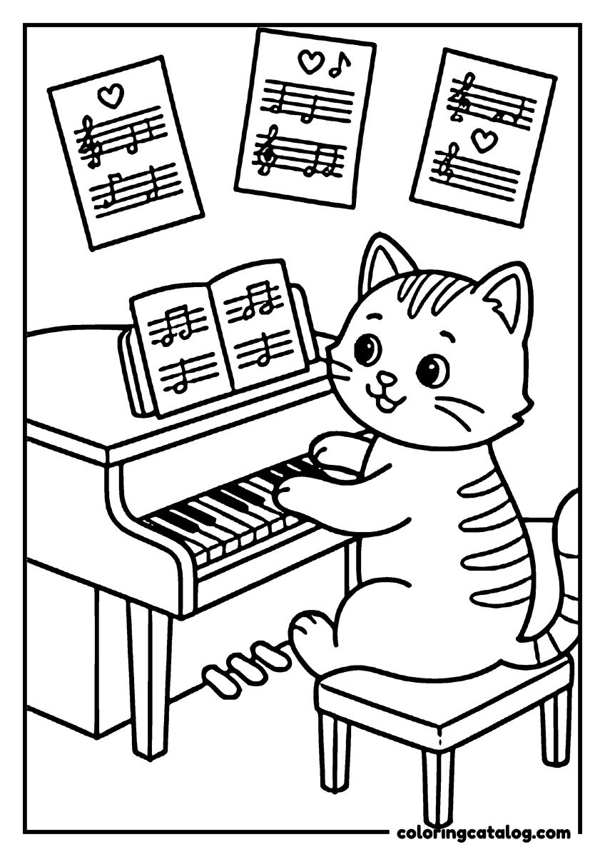 Coloring page: A cat playing the piano with sheet music floating above