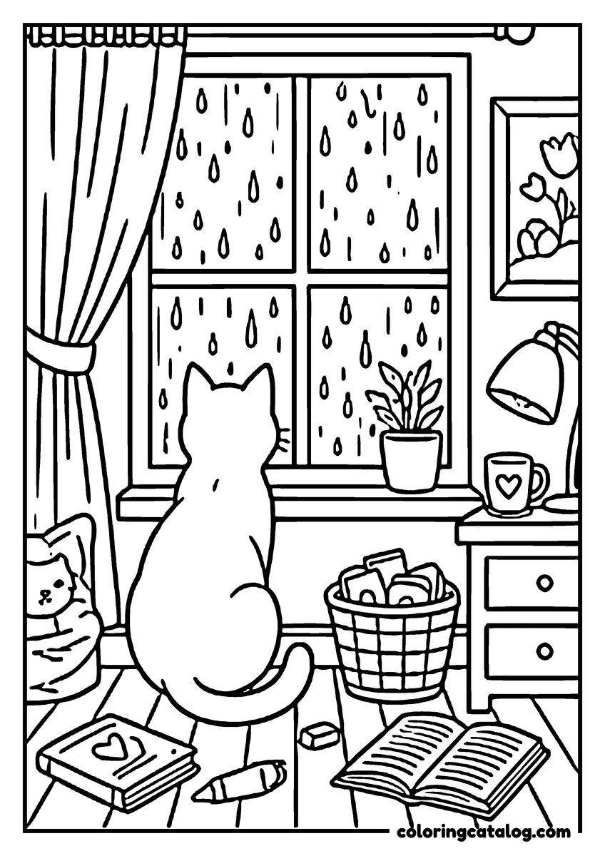 Printable coloring page: A cat sits by a window, looking out at rain, with a book, crayon, and basket nearby