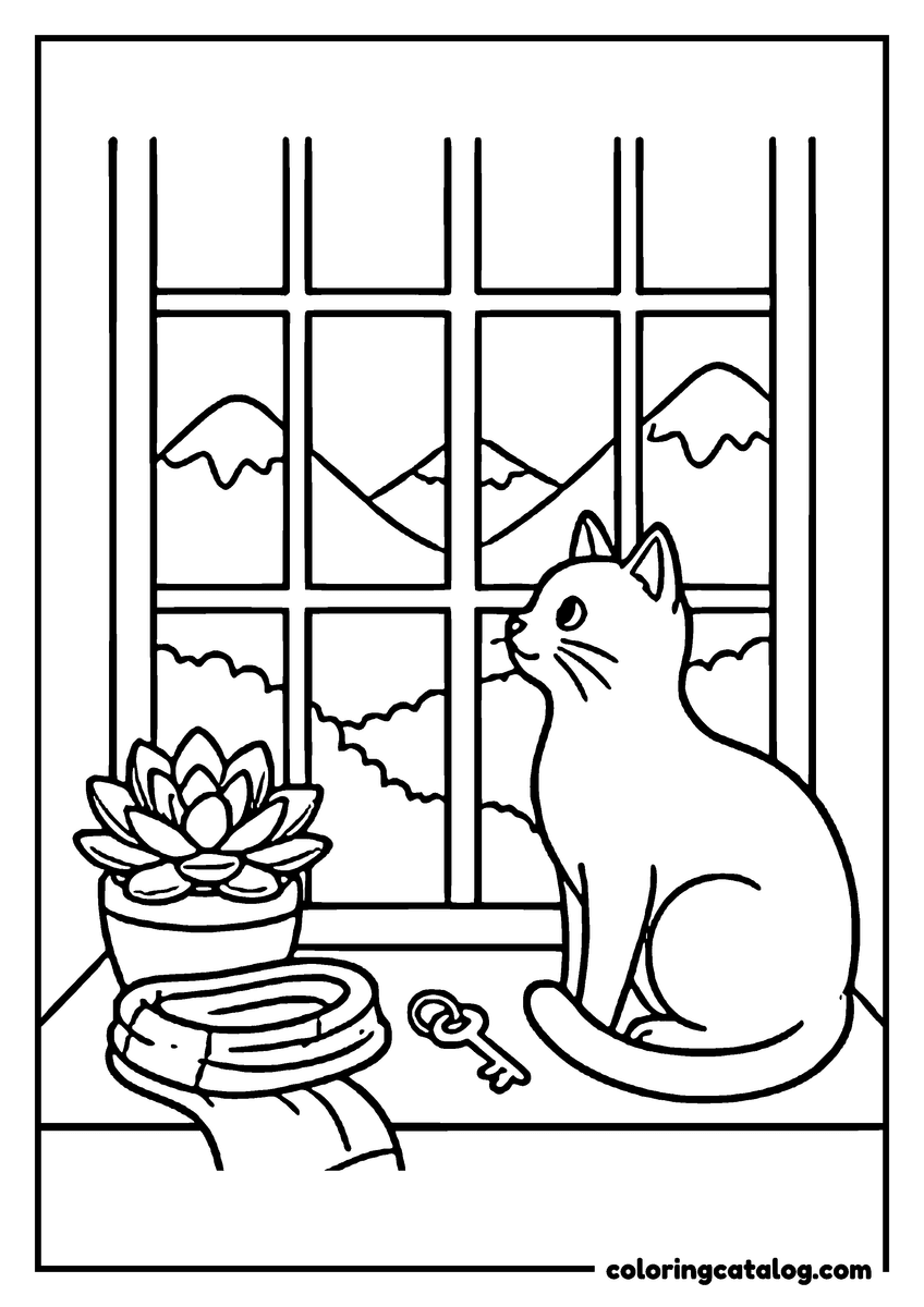Free printable coloring sheet: A cat sits by a window, looking outside, with a potted plant, a scarf, and a key nearby